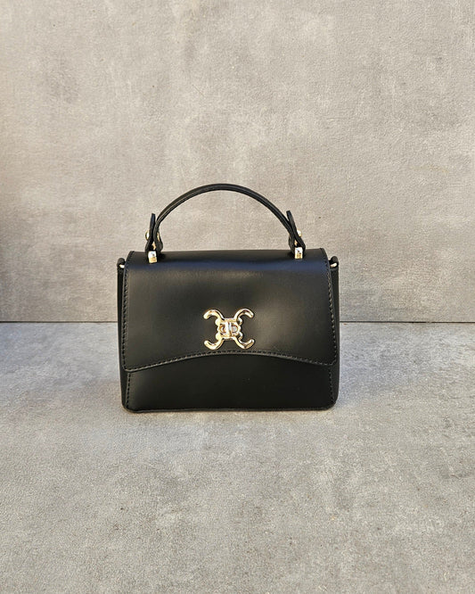Schwarze Henkeltasche aus echtem Leder – Italienisch mit goldenem Drehverschluss
