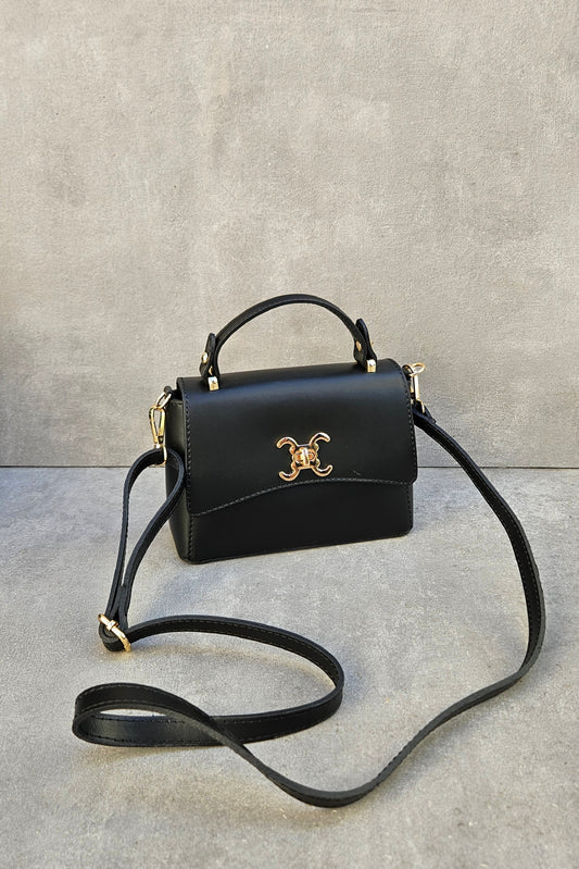 Schwarze Henkeltasche aus echtem Leder – Italienisch mit goldenem Drehverschluss